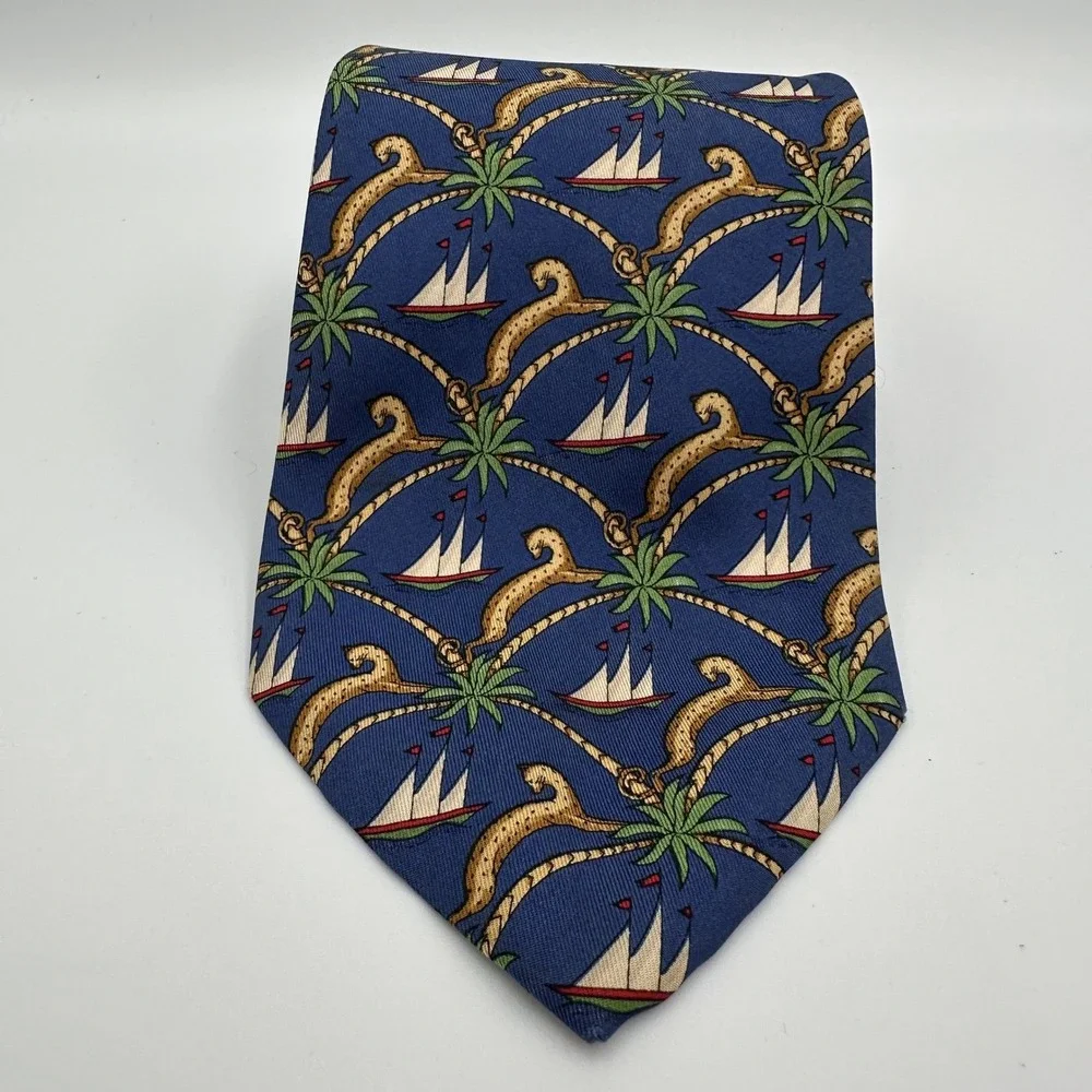 Salvatore Ferragamo Mens Silk Tie Blue Nautical Palm Tree Sailboat Made in Italy